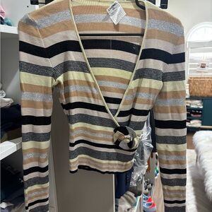 Striped Wrap Sweater with Button Detail
